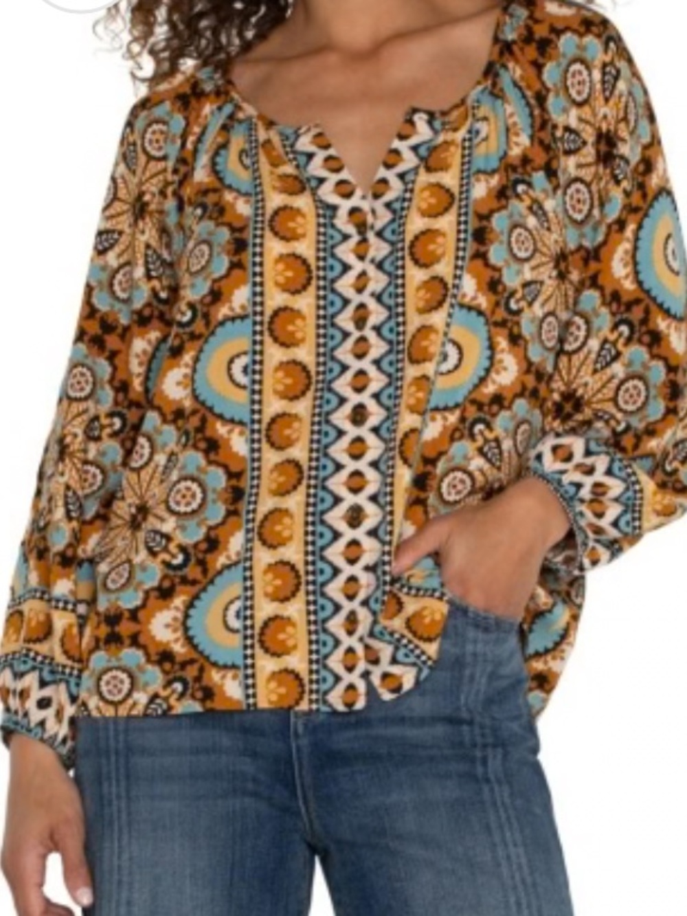 Liverpool Long Sleeve Button Front Blouse in Ocean Jasper Multi Size XL.
